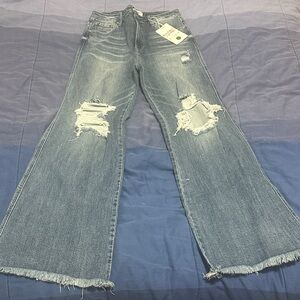 Trendy Distressed Wide Leg Jeans in Blue